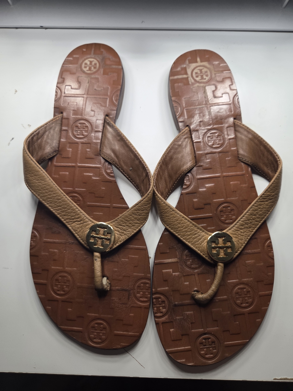 Tory Burch Tan Leather Logo Thong Sandals